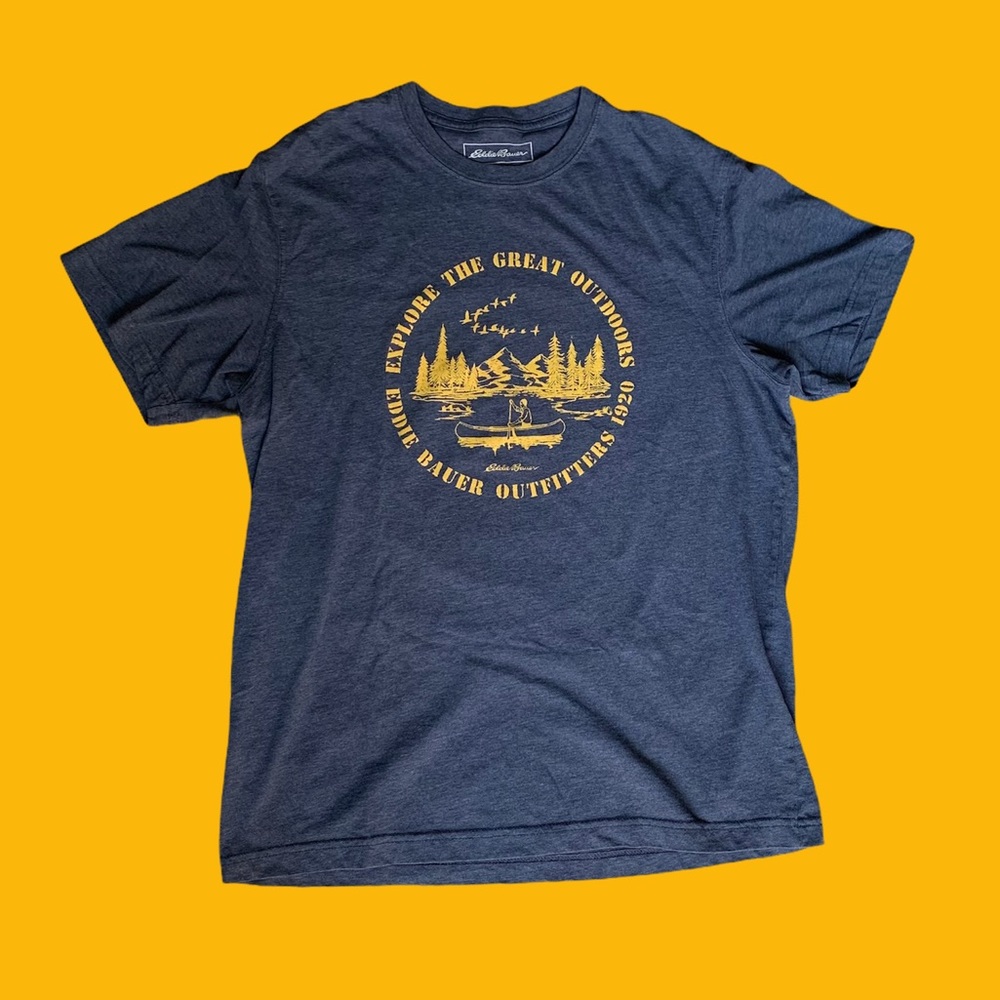 Eddie Bauer tee camping hiking outdoors trees blue